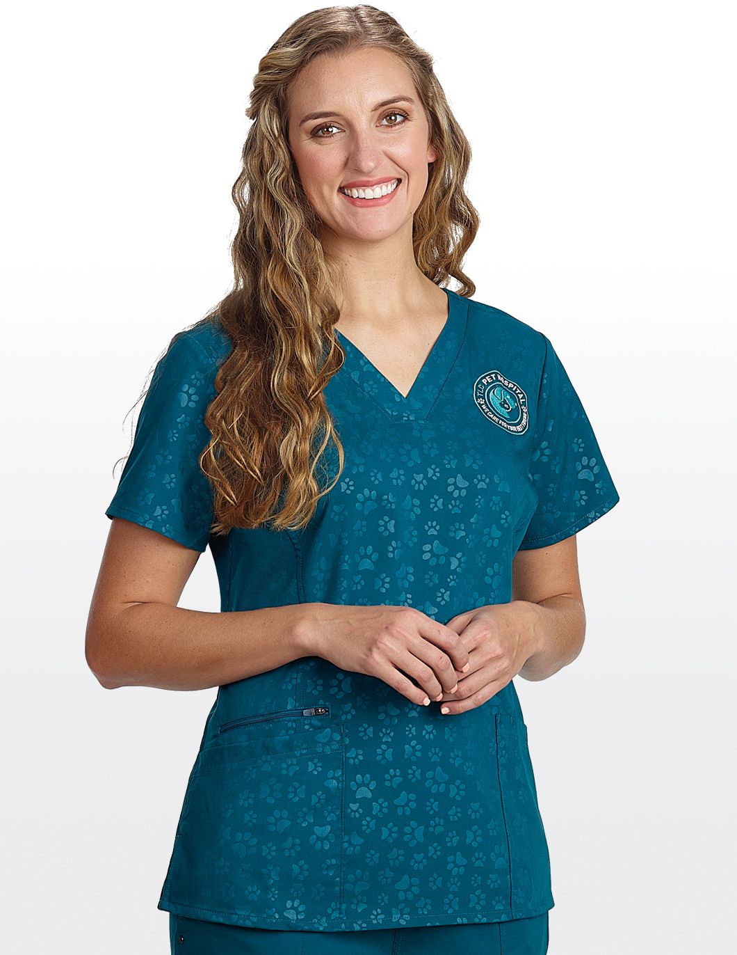 Healing Hands Hearts and Paws Embossed Paw Print Scrub Top