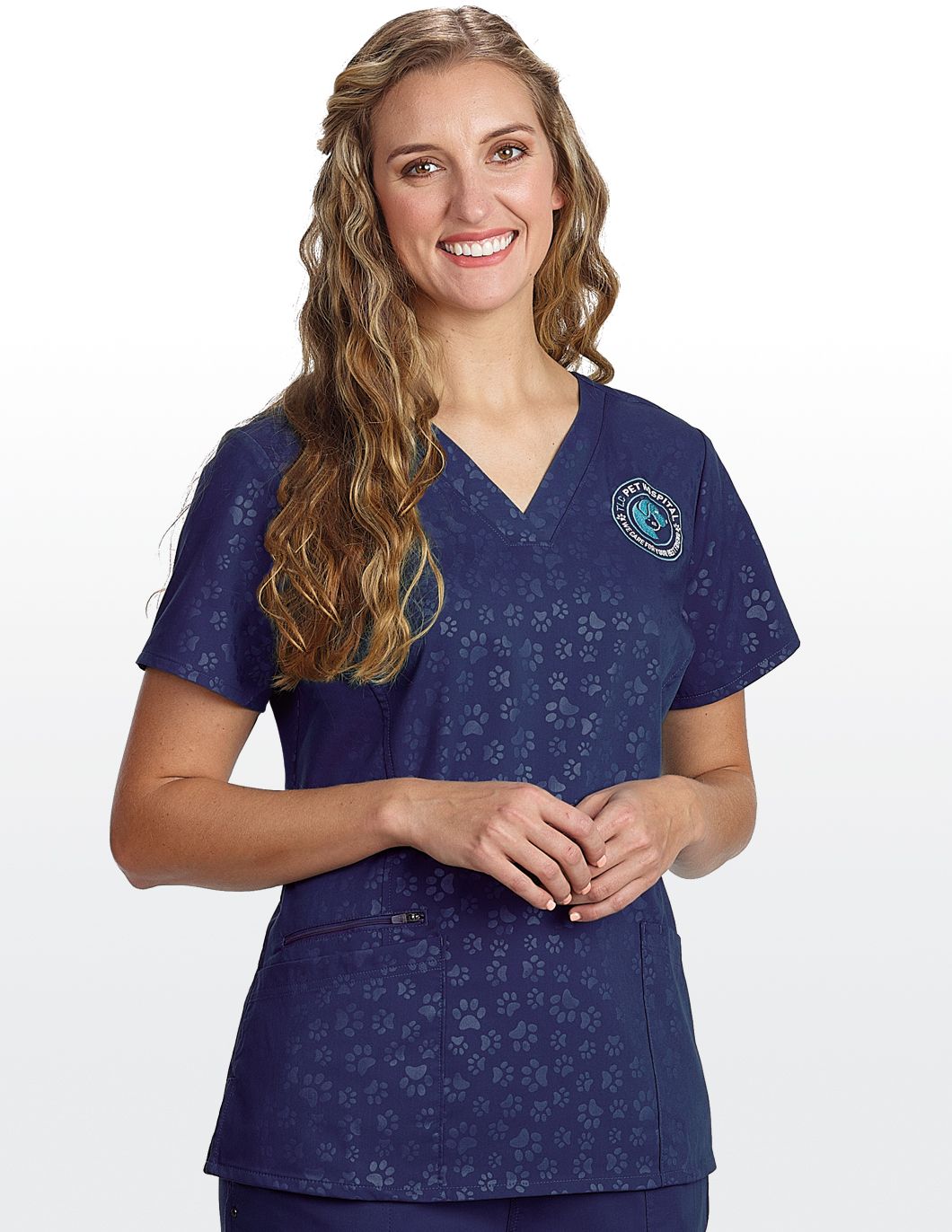 Healing Hands Hearts and Paws Embossed Paw Print Scrub Top